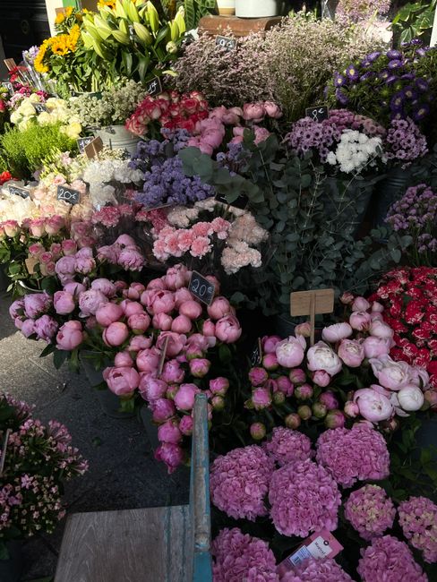 A vibrant display of fresh flowers at a florist shop, featuring pink peonies, hydrangeas, and roses arranged in clusters on outdoor shelves. The arrangement showcases various shades of pink, from soft
